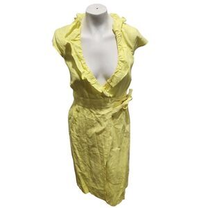 J.Crew 100% Linen Wrap Dress Yellow Ruffle V-Neck Cap Sleeve Size 0 Summer